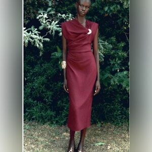 ZARA L Gold Appliqué Raspberry Midi Dress | NWT